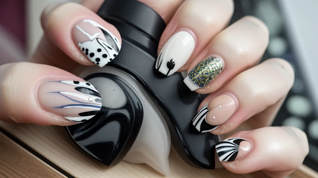 Cuadernillo de práctica con intentos de animal print y manchas irregulares en uñas