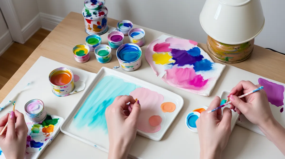 Manicura aficionada practicando técnica acuarela y arte en uñas a mano alzada un domingo por la tarde