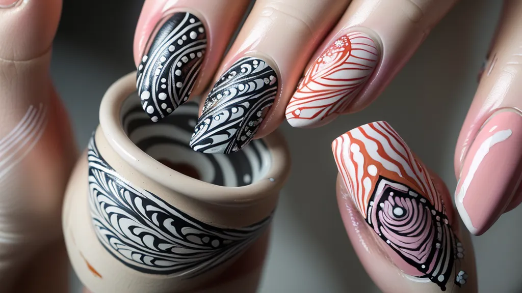 Diseño de uñas con trazos curvos a mano alzada que aguantó toda la semana de oficina