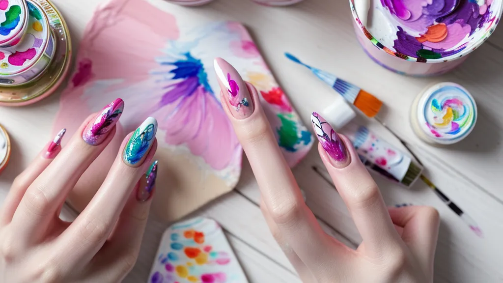 Libro de diseños de uñas a mano alzada abierto junto a pinceles y esmaltes, material de práctica de manicura casera