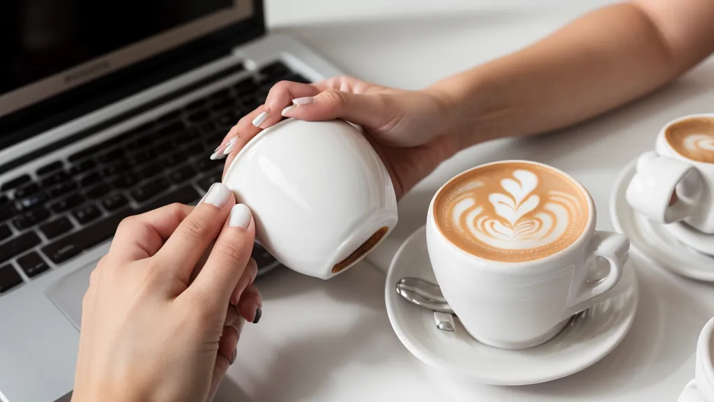 Manicura terminada con efecto mármol en esmalte semipermanente, uñas resistentes sosteniendo una taza de café en la oficina