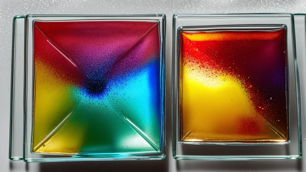 Gotas de esmalte semipermanente de colores primarios mezclándose sobre una paleta de vidrio