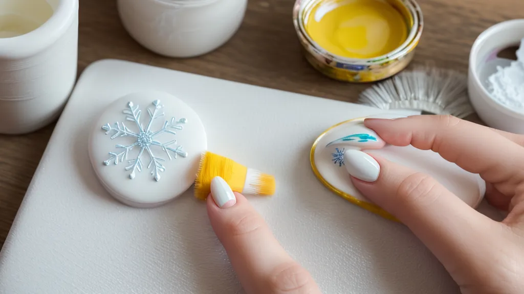 Paleta con gel paint blanco espeso y pincel liner para pintar copos de nieve en uñas, técnica de mano alzada