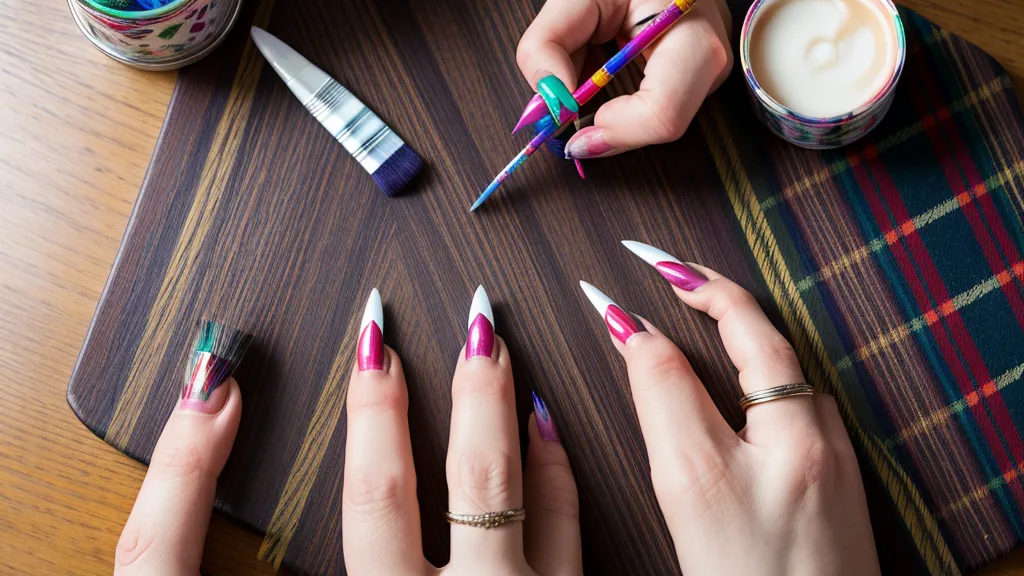Diseño de cuadros escoceses en uñas a mano alzada, trazado con pincel liner largo sobre fondo rojo