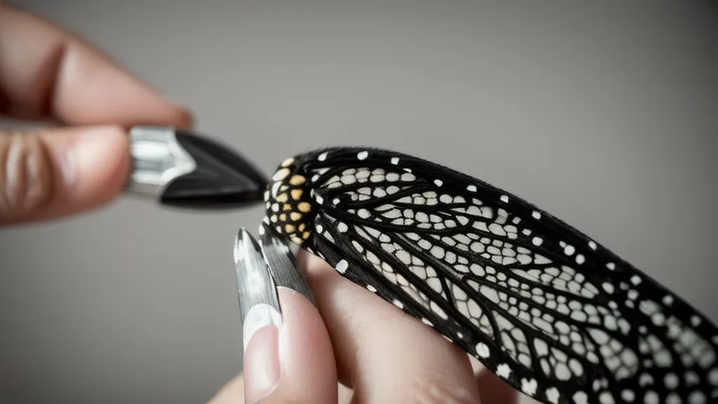 Punzón marcando los puntos de referencia del ala de una mariposa antes de trazar con pincel liner en manicura a mano alzada