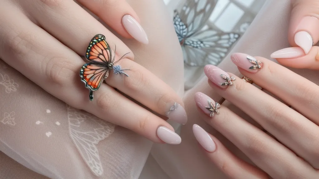 Manicura terminada con diseño de mariposa a mano alzada, resultado de varias sesiones de práctica dominguera