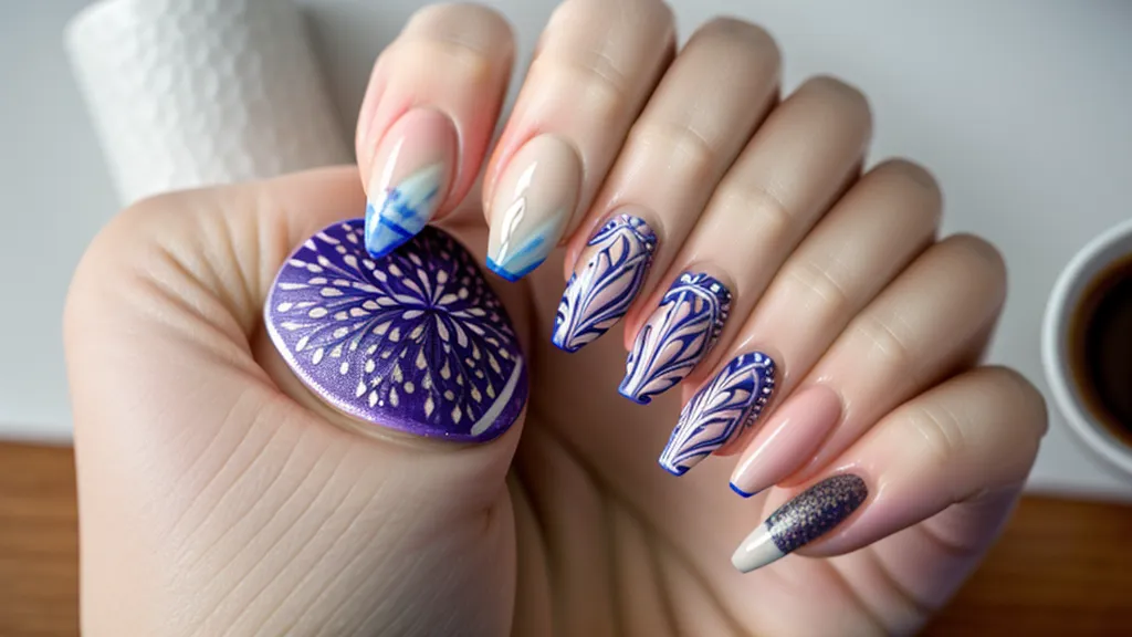 Uñas con nail art a mano alzada sobre el teclado, resultado de comparar dos técnicas para la mano no dominante