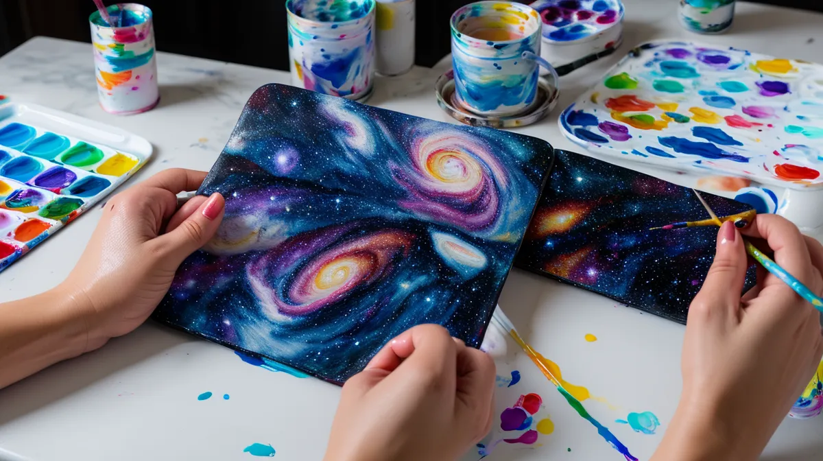 Diseño de uñas galaxia pintado a mano alzada con esmalte en gel azul y violeta, ejemplo de nail art casero