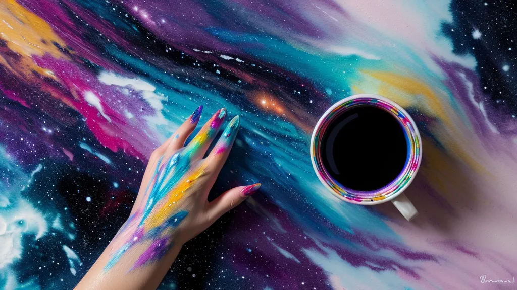 Lámpara LED y frascos de esmalte en gel oscuro listos para una sesión de nail art casero de uñas galaxia