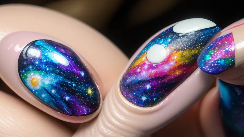 Paleta de mezcla con esmalte en gel translúcido y pincel abanico para el degradé de uñas galaxia a mano alzada