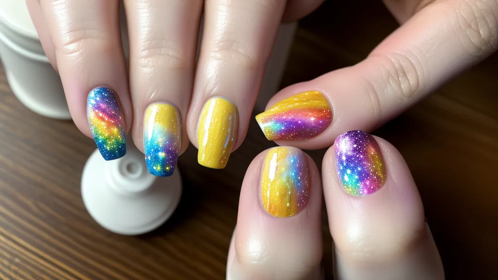 Técnica de salpicado con cerdas duras para crear estrellas en un diseño de uñas galaxia a mano alzada