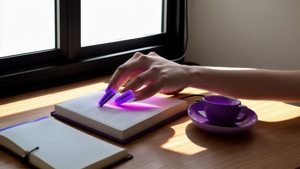 Lámpara LED curando un diseño de uñas hecho con la técnica de gel a mano alzada