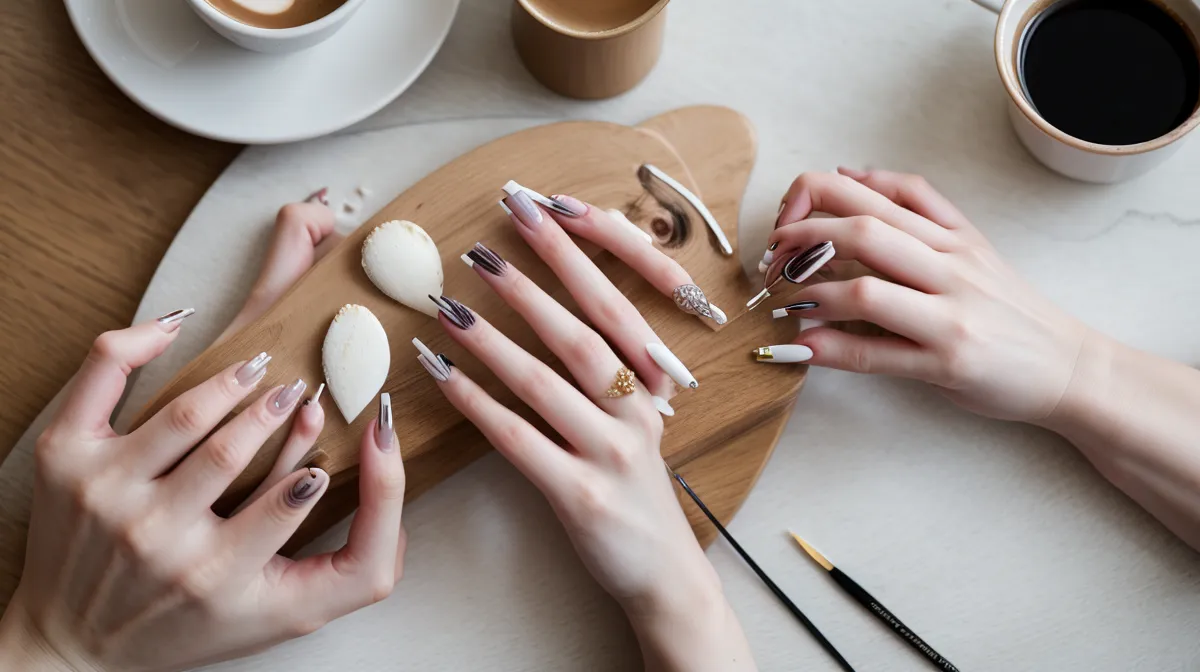 Diseños de espacio negativo en uñas cortas pintados a mano alzada