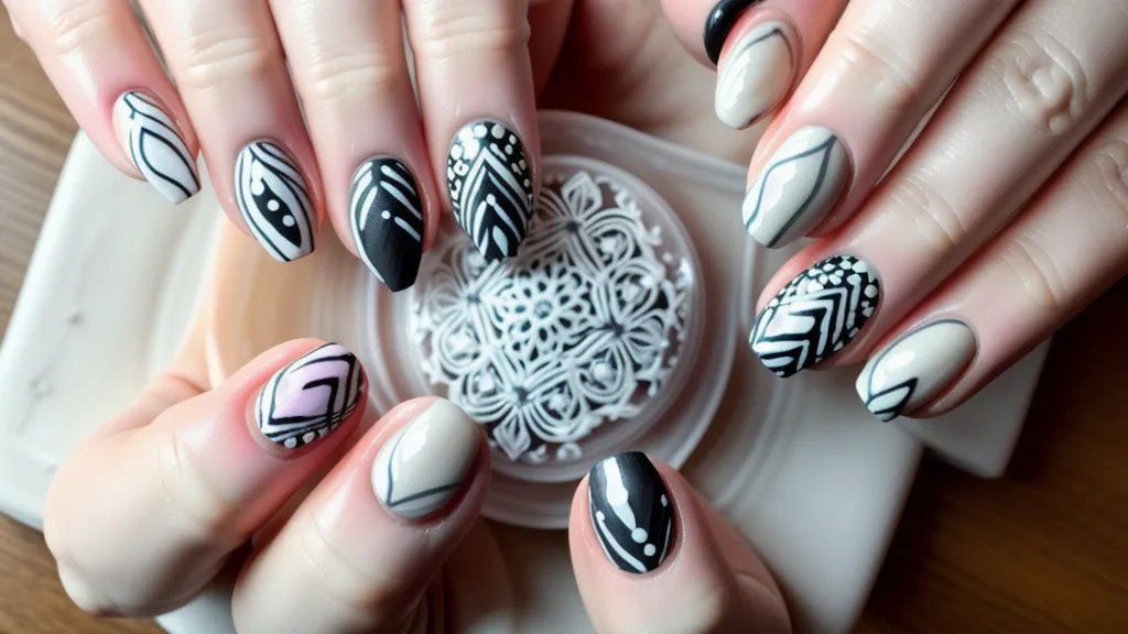 Primer plano de uñas cortas con diseño de espacio negativo pintado a mano alzada en líneas finas negras.