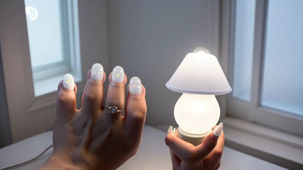 Curado del gel blanco bajo lámpara LED en la técnica de manicura francesa a mano alzada