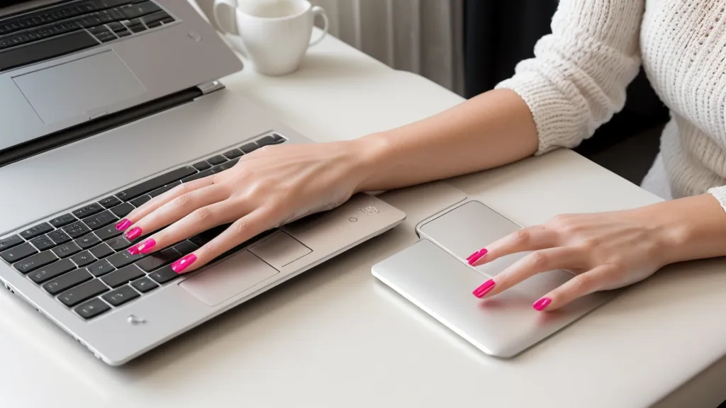 Manicura francesa a mano alzada terminada sobre el teclado, resultado que resiste la semana de oficina