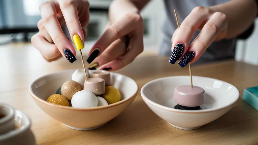 Mano con manicura de líneas negras geométricas sobre base nude, resultado de practicar trazos rectos a mano alzada