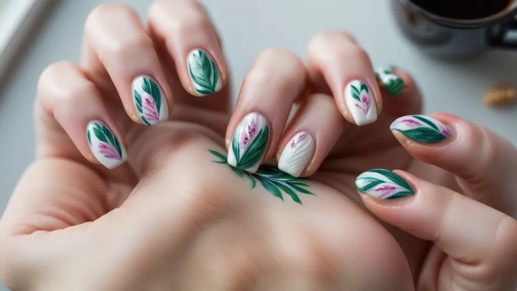 Diseño de uñas con hojas a mano alzada terminado tras la práctica dominguera de manicura aficionada