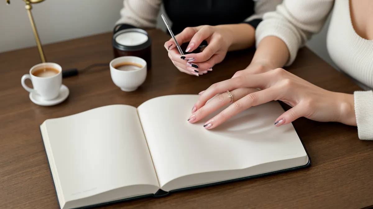 Manicura francesa a mano alzada practicada con plantillas de perfeccionamiento sobre papel, técnica para principiantes de nail art