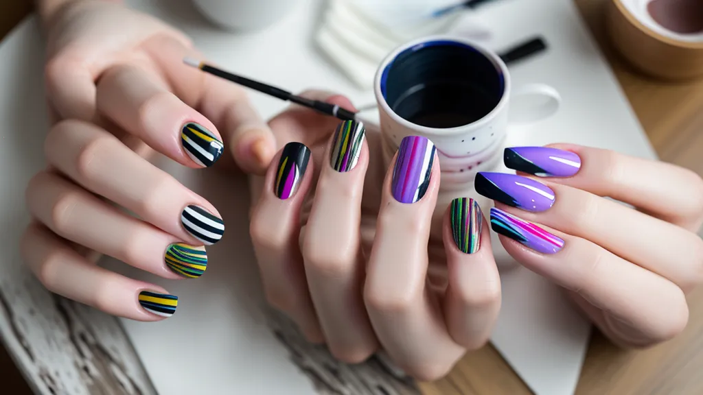 Detalle de diseño de uñas gel art a mano alzada terminado, práctica de domingo en casa