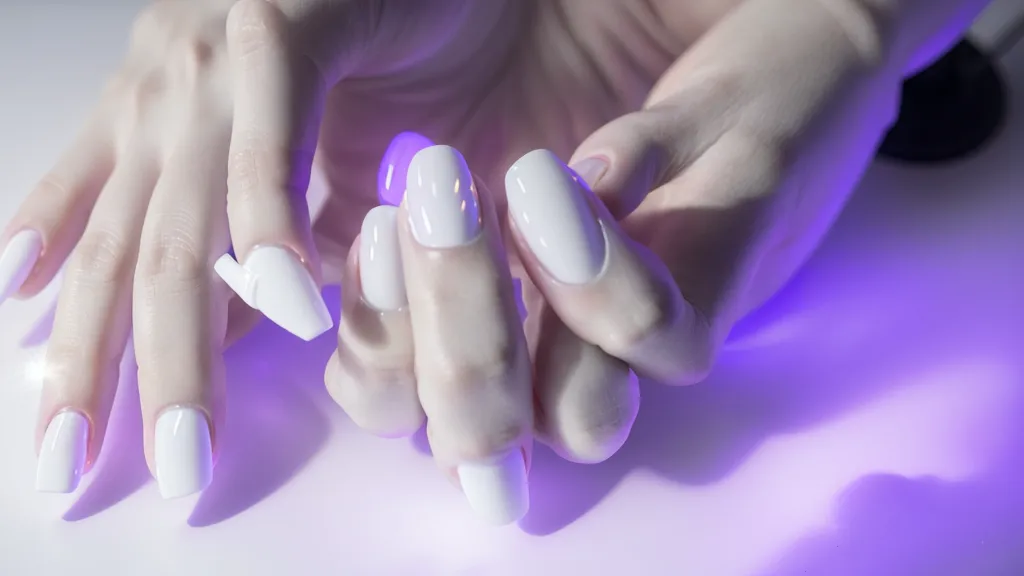 uñas bajo la lámpara UV durante el curado del esmalte en gel, práctica dominical de manicura
