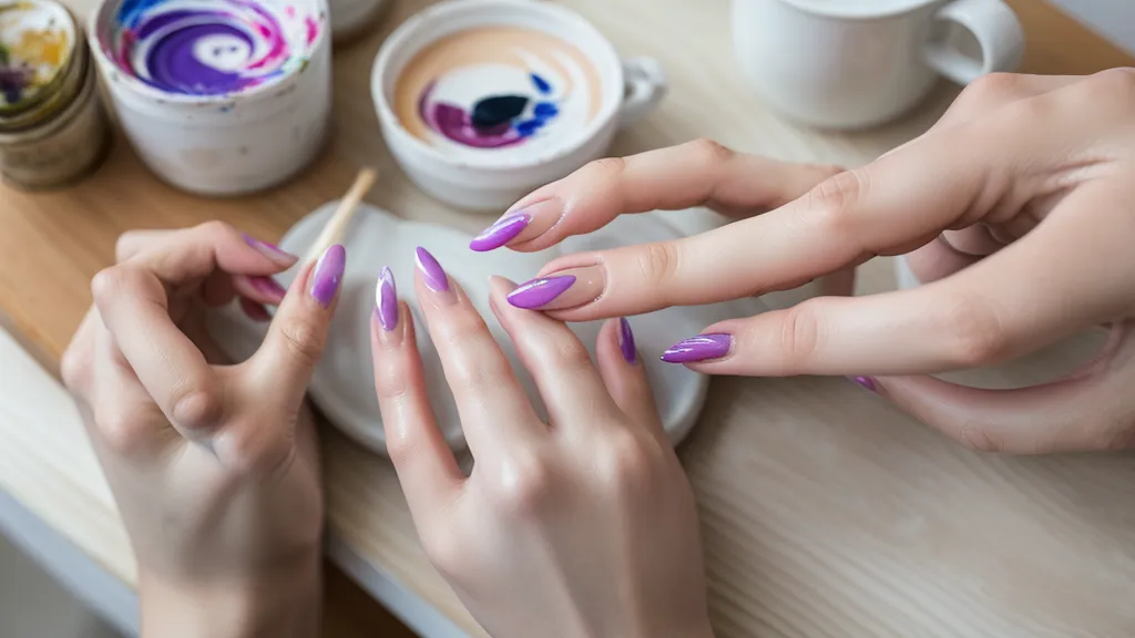 Frasco de esmalte semipermanente entibiándose entre las manos para recuperar fluidez, parte del mantenimiento de productos de nail art casero.