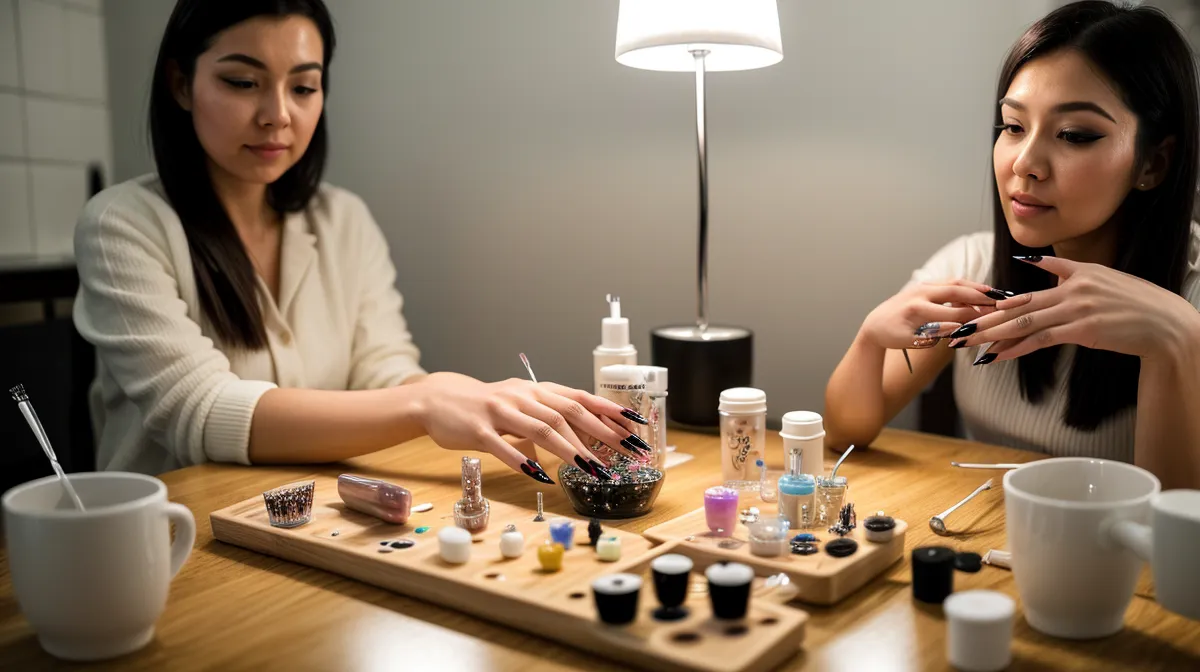 Efecto espejo con esmalte gel y polvo cromo, técnica de nail art a mano alzada practicada en casa