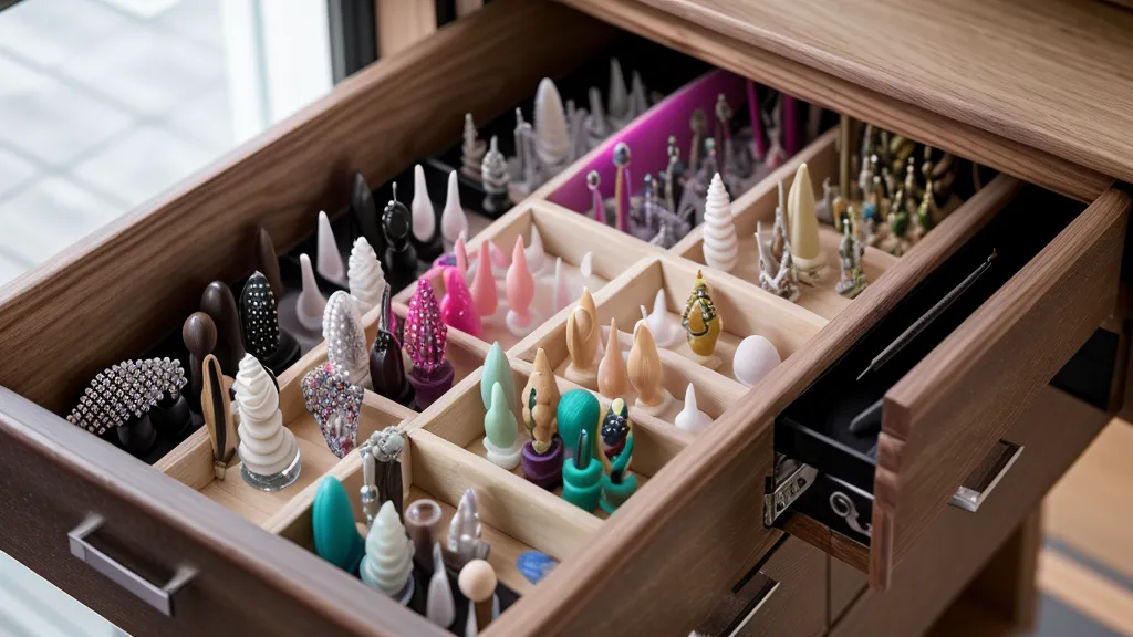 Muestrarios de práctica con intentos fallidos de nail art a mano alzada, parte del aprendizaje de una aficionada