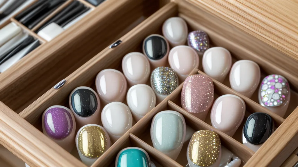 Cajón de pinceles y frascos de gel de una aficionada al nail art, materiales para técnica liner
